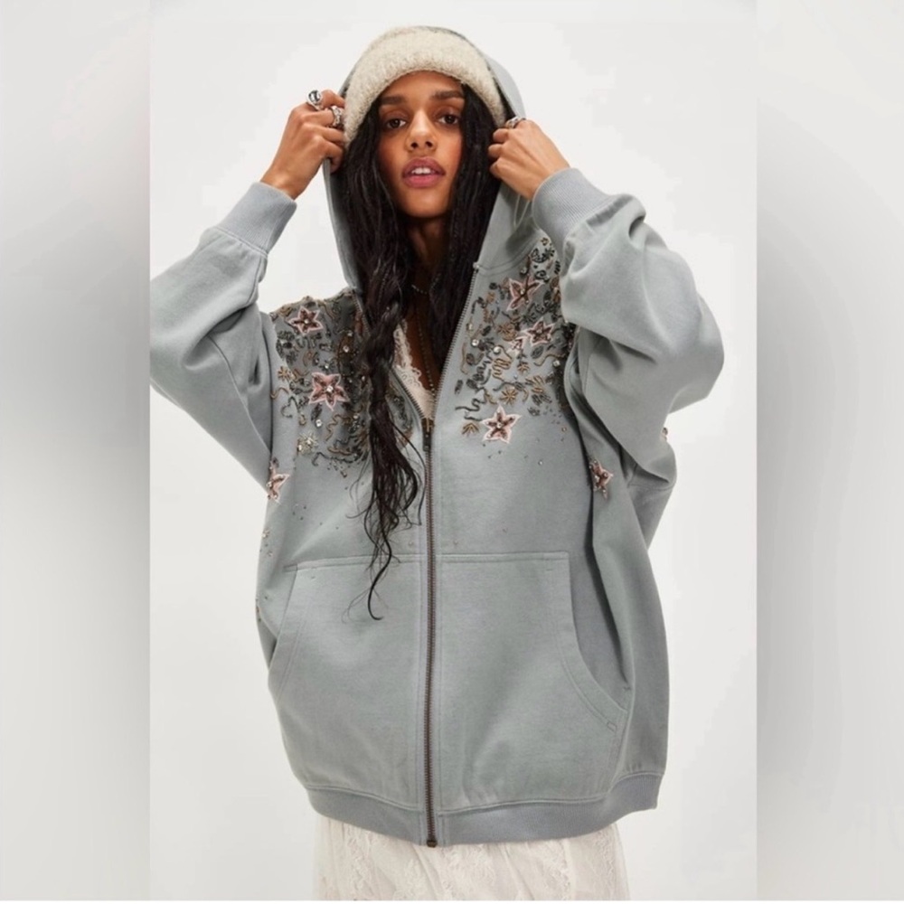 Free People Glitter Oversized Hoodie in Greyhound Combo - Picture 3 of 3